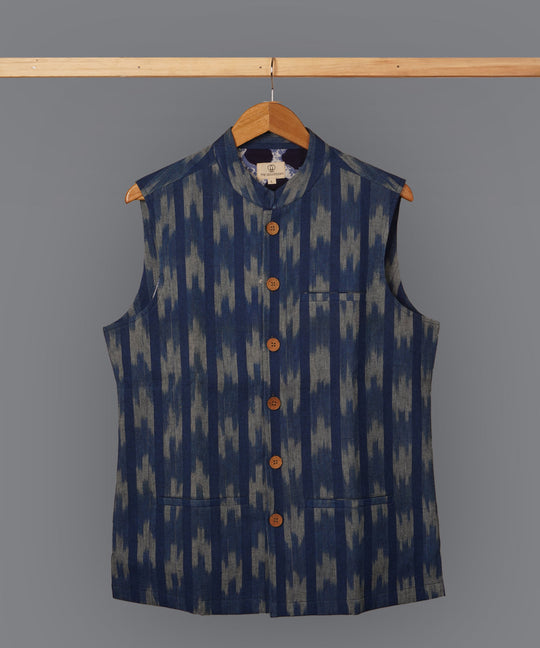 Blue pochampally ikat cotton nehru jacket