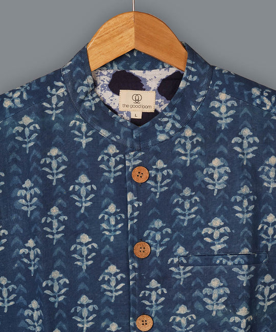 Blue handblock print cotton nehru jacket