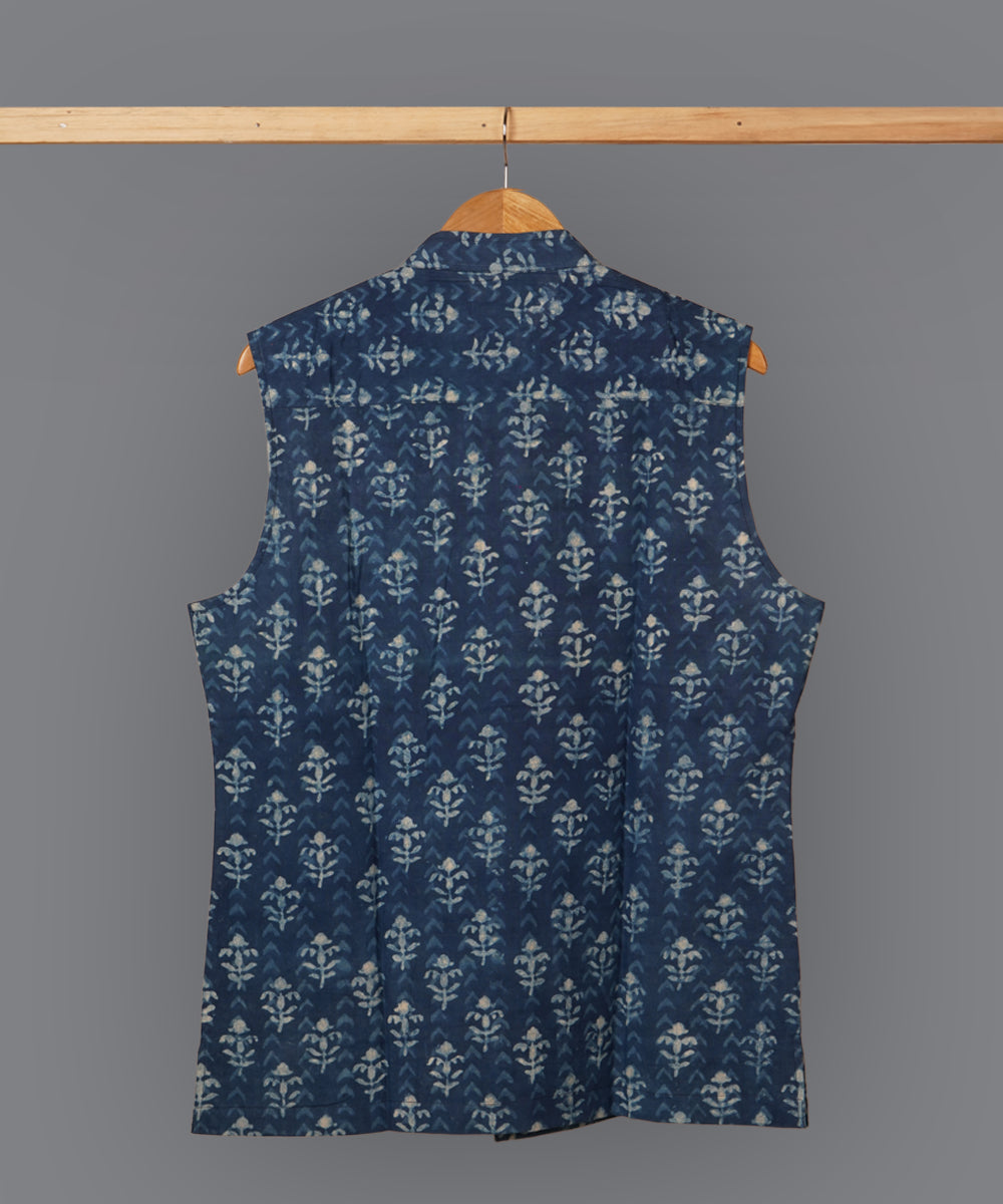 Blue handblock print cotton nehru jacket