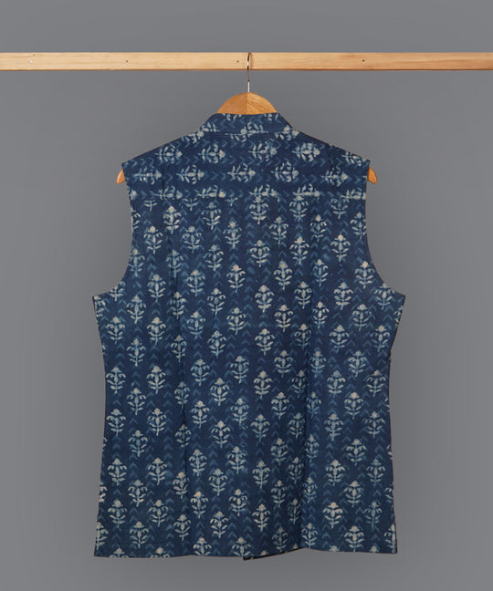 Blue handblock print cotton nehru jacket
