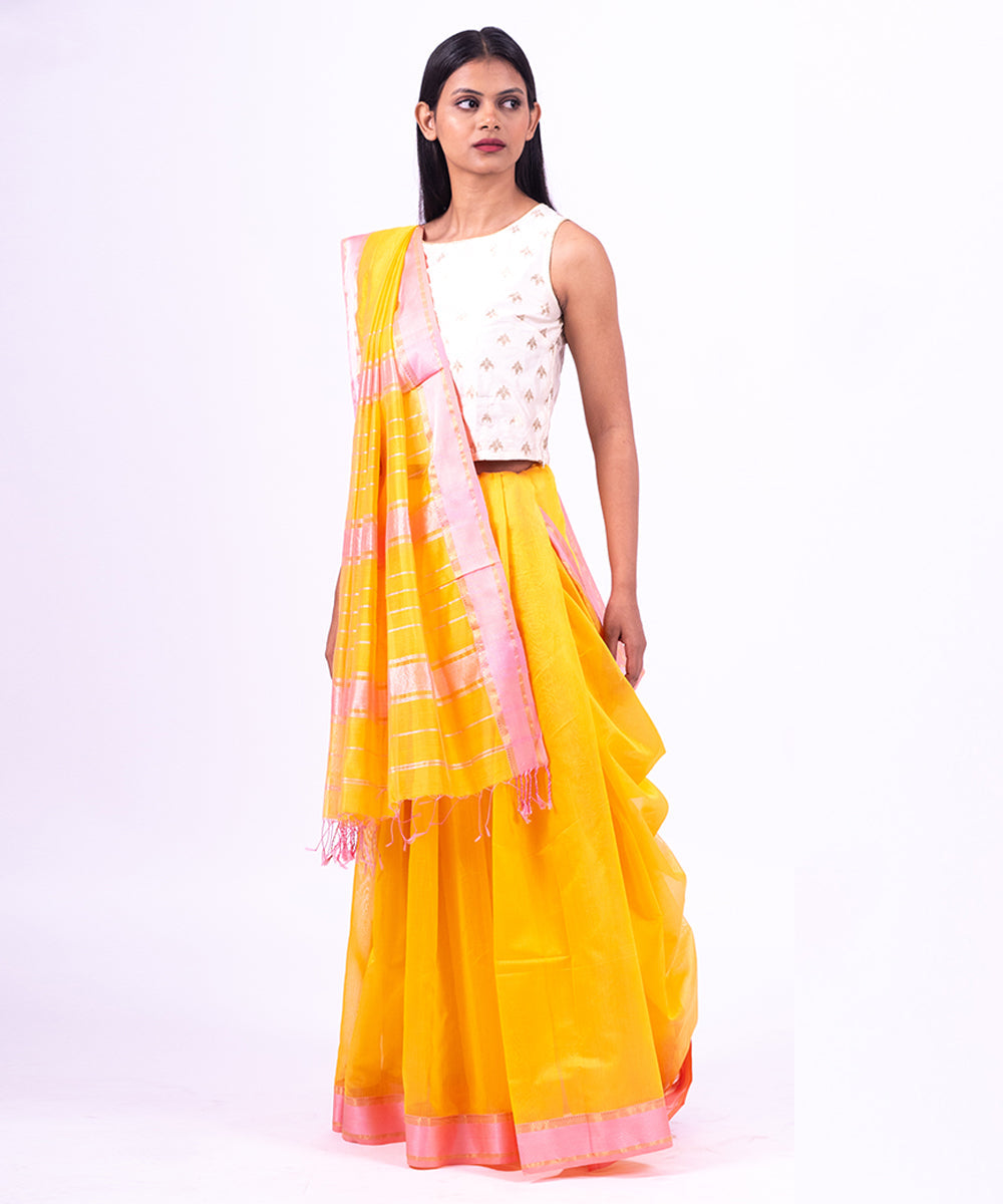 Yellow pink handwoven maheshwari cotton silk saree