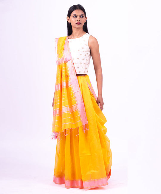 Yellow pink handwoven maheshwari cotton silk saree