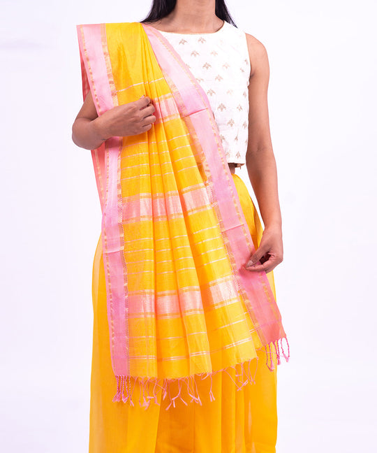 Yellow pink handwoven maheshwari cotton silk saree