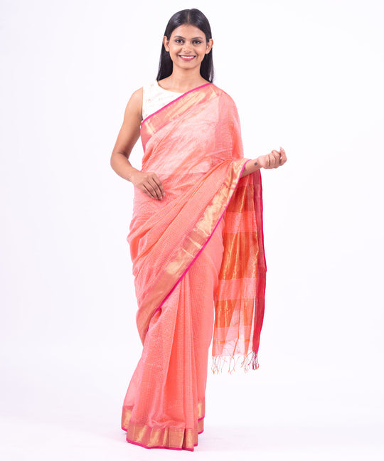 Pink golden handwoven maheshwari cotton silk saree