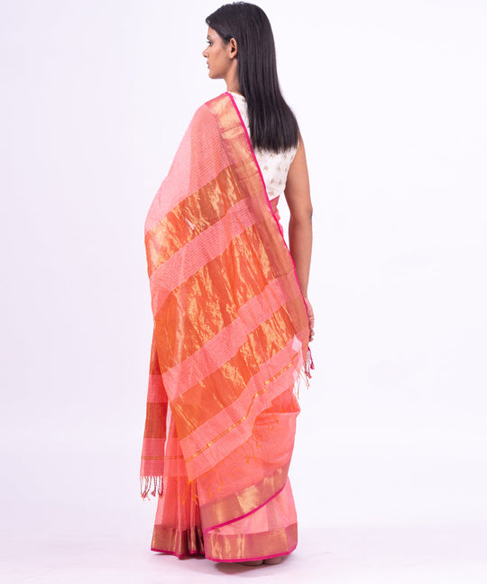Pink golden handwoven maheshwari cotton silk saree