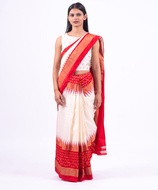 Cream red handwoven pochampally ikat saree