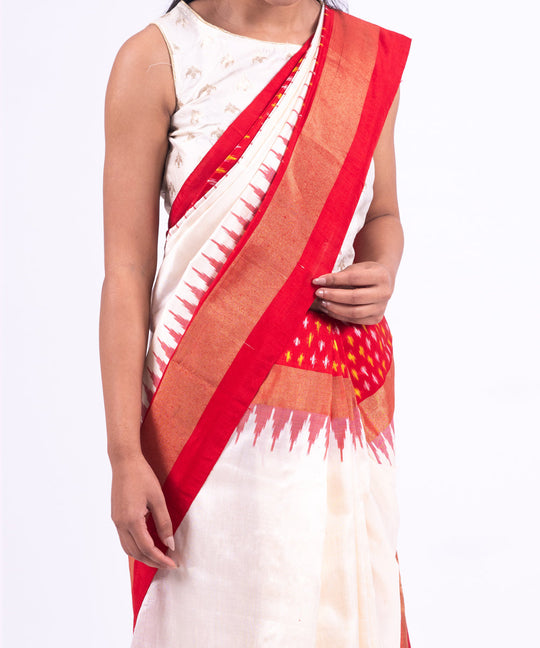 Cream red handwoven pochampally ikat saree