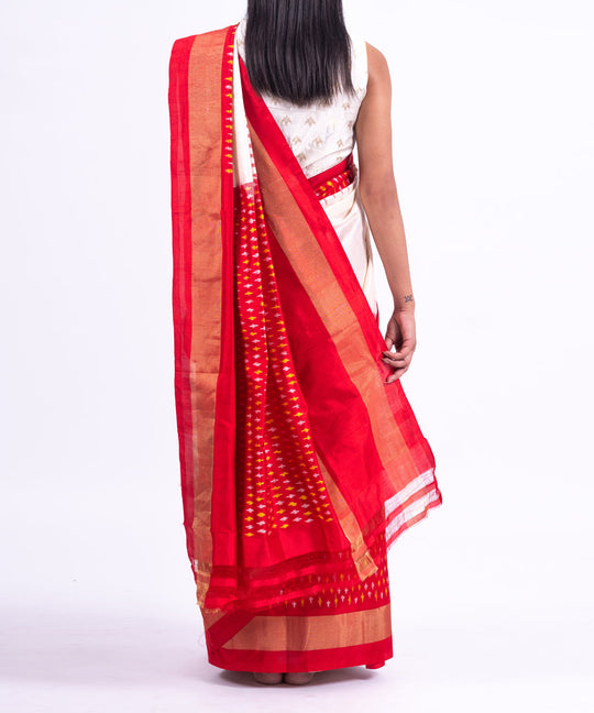 Cream red handwoven pochampally ikat saree