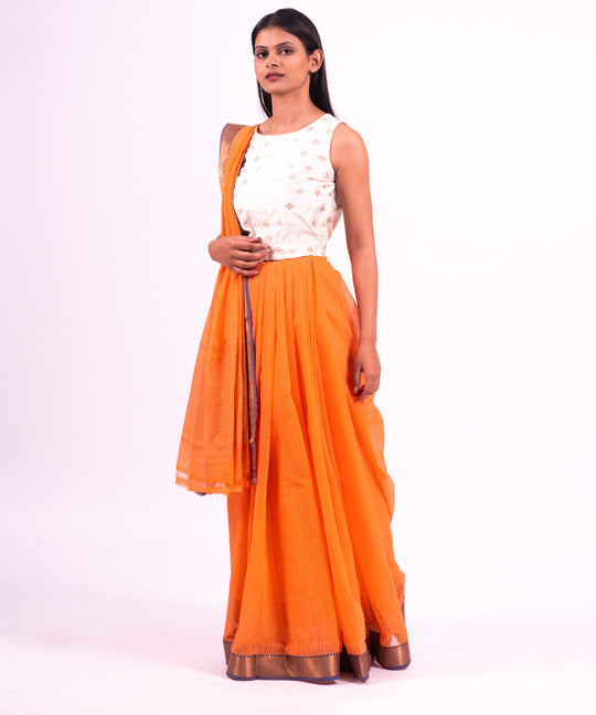 Light orange handwoven mangalagiri cotton saree