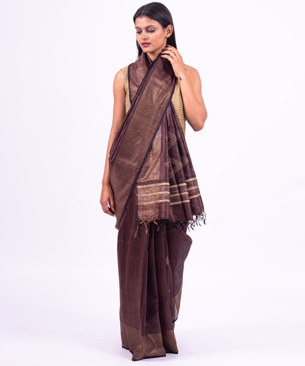 Brown handwoven tussar silk saree