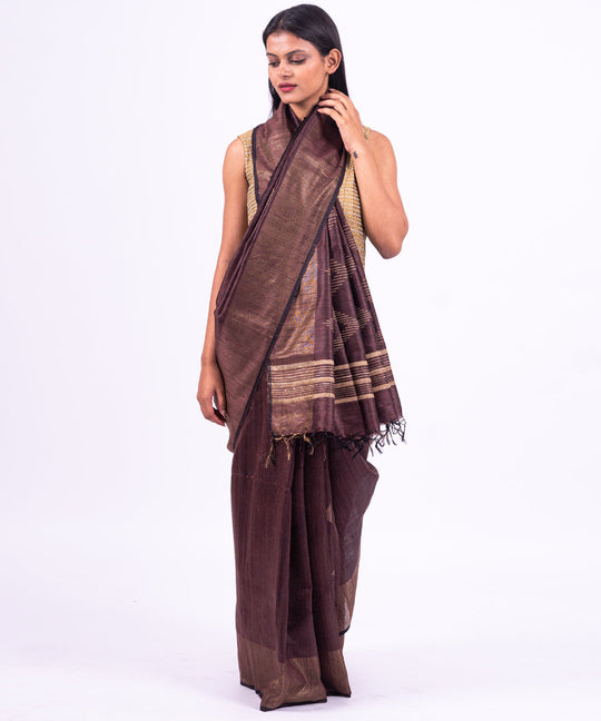 Brown handwoven tussar silk saree