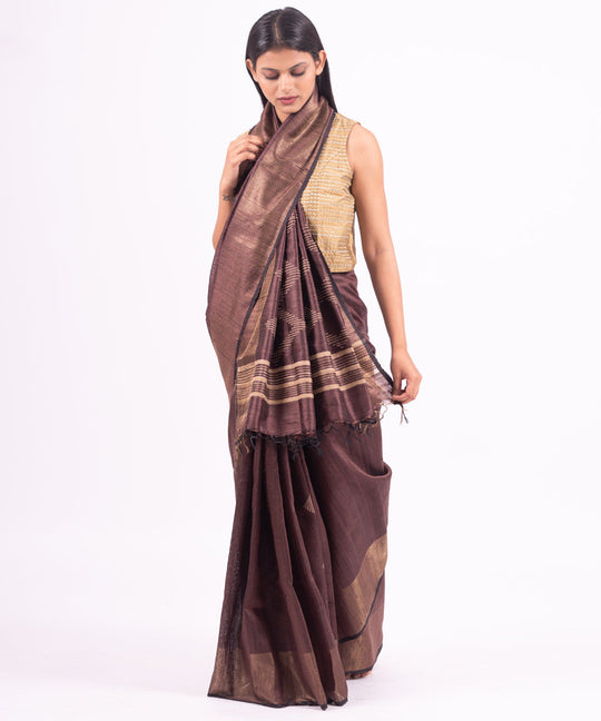 Brown handwoven tussar silk saree