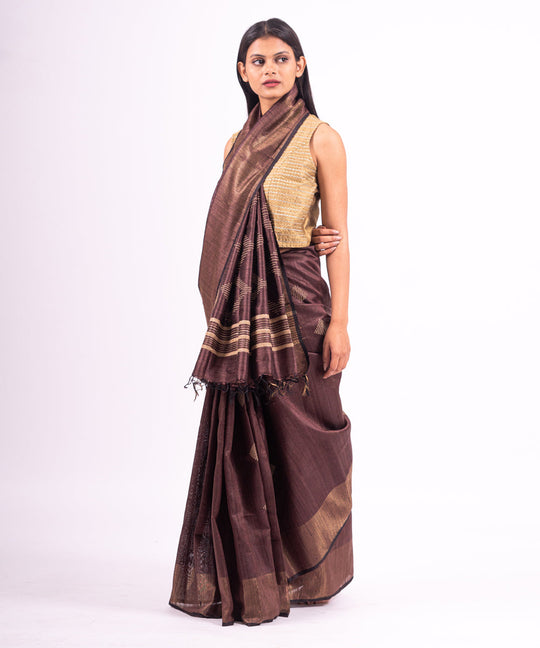 Brown handwoven tussar silk saree