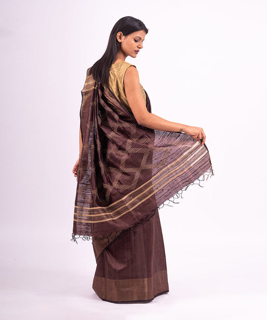 Brown handwoven tussar silk saree