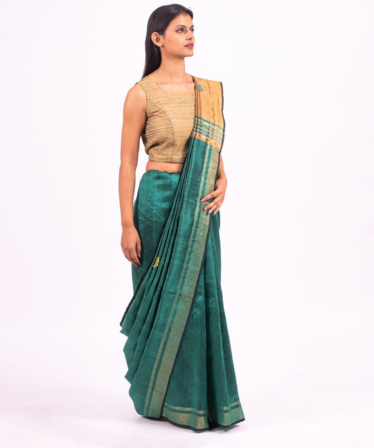 Green golden handwoven tussar silk saree