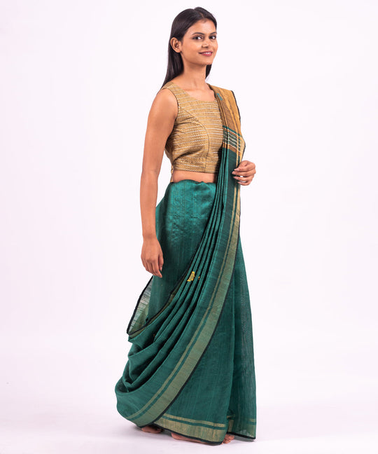 Green golden handwoven tussar silk saree