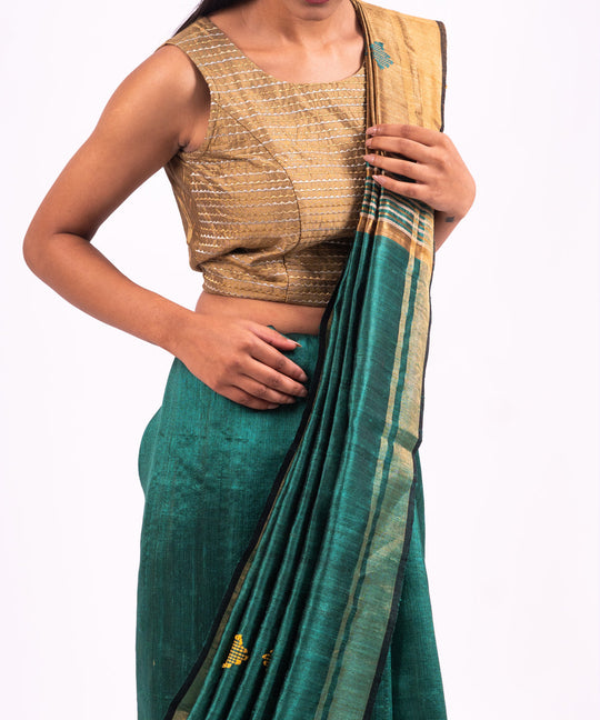 Green golden handwoven tussar silk saree