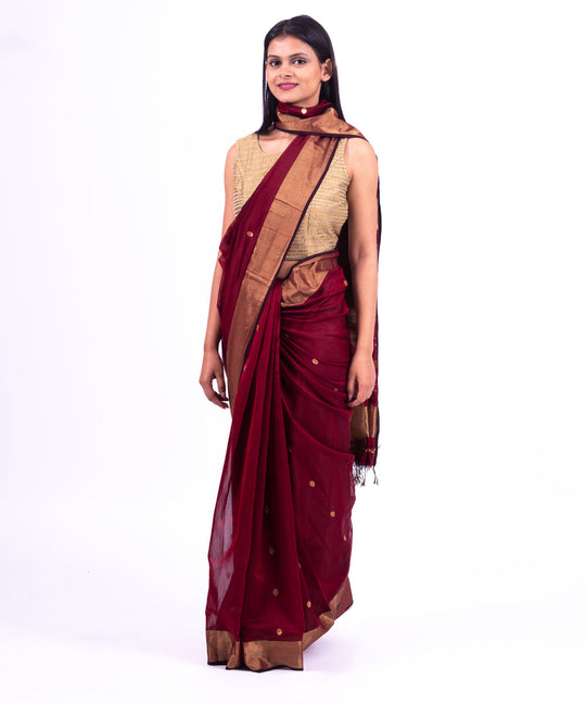 Maroon handwoven maheshwari cotton silk saree