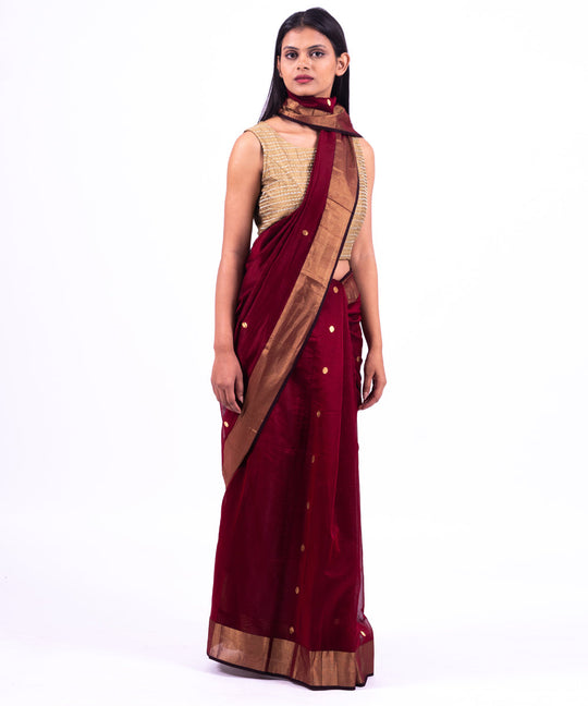 Maroon handwoven maheshwari cotton silk saree