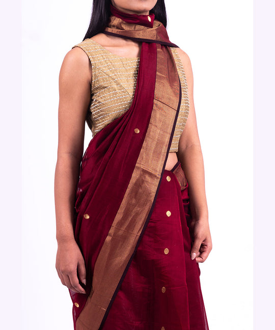 Maroon handwoven maheshwari cotton silk saree
