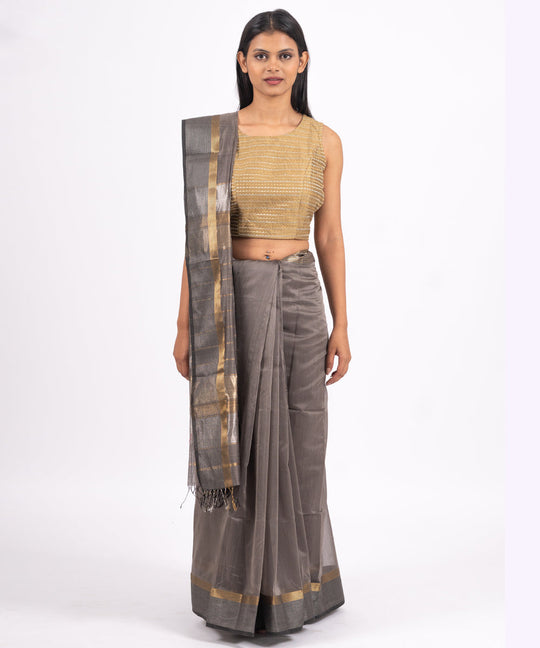 Grey silver handwoven maheshwari cotton silk saree
