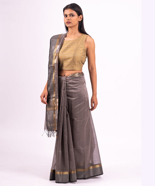 Grey silver handwoven maheshwari cotton silk saree
