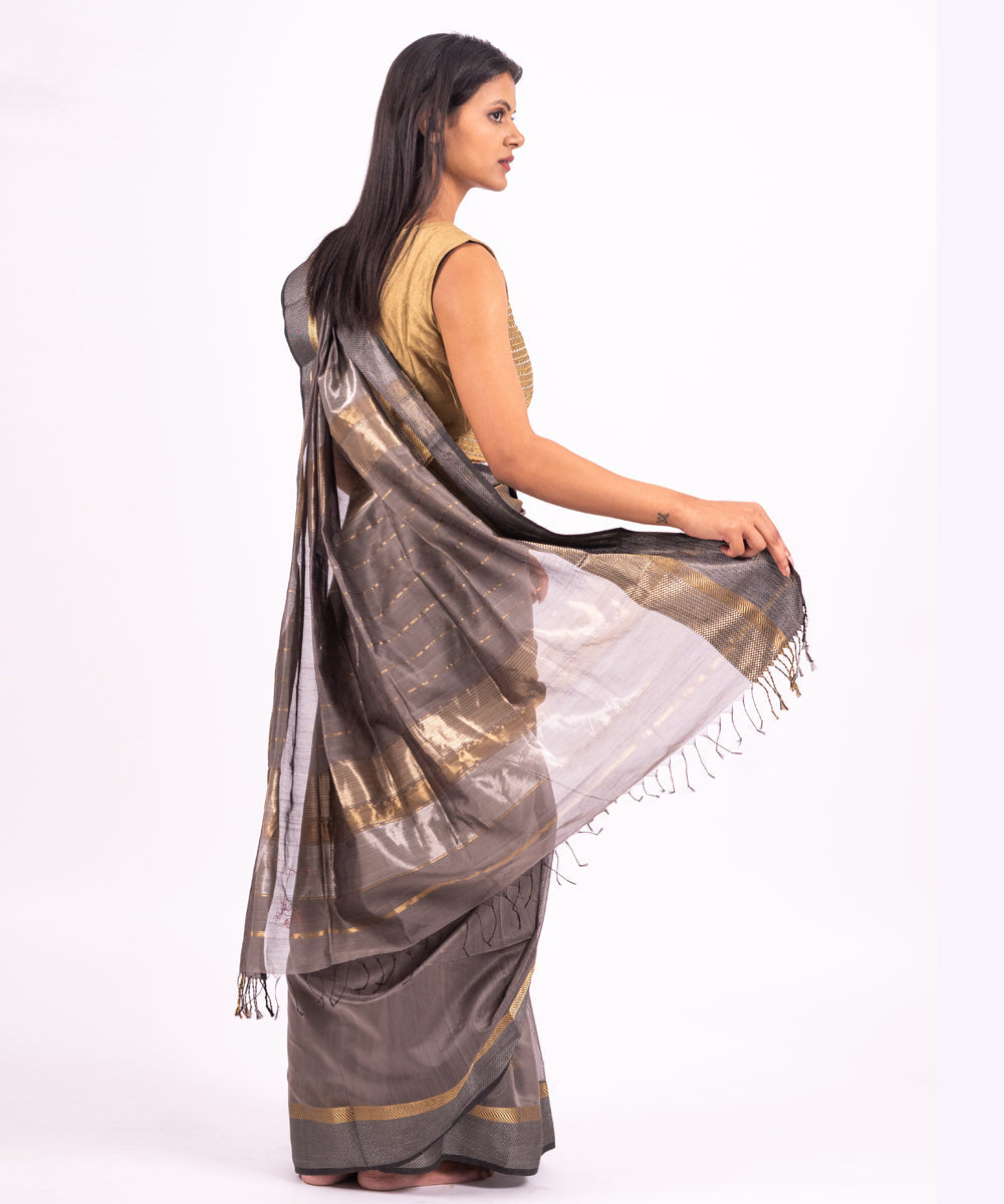 Grey silver handwoven maheshwari cotton silk saree