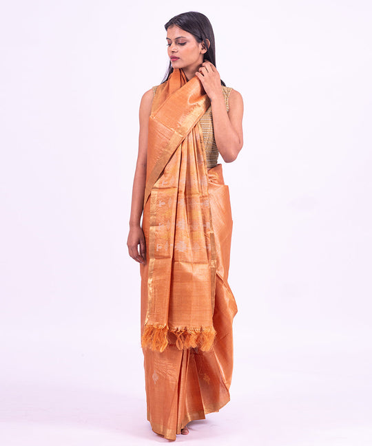 Peach handwoven tussar silk saree