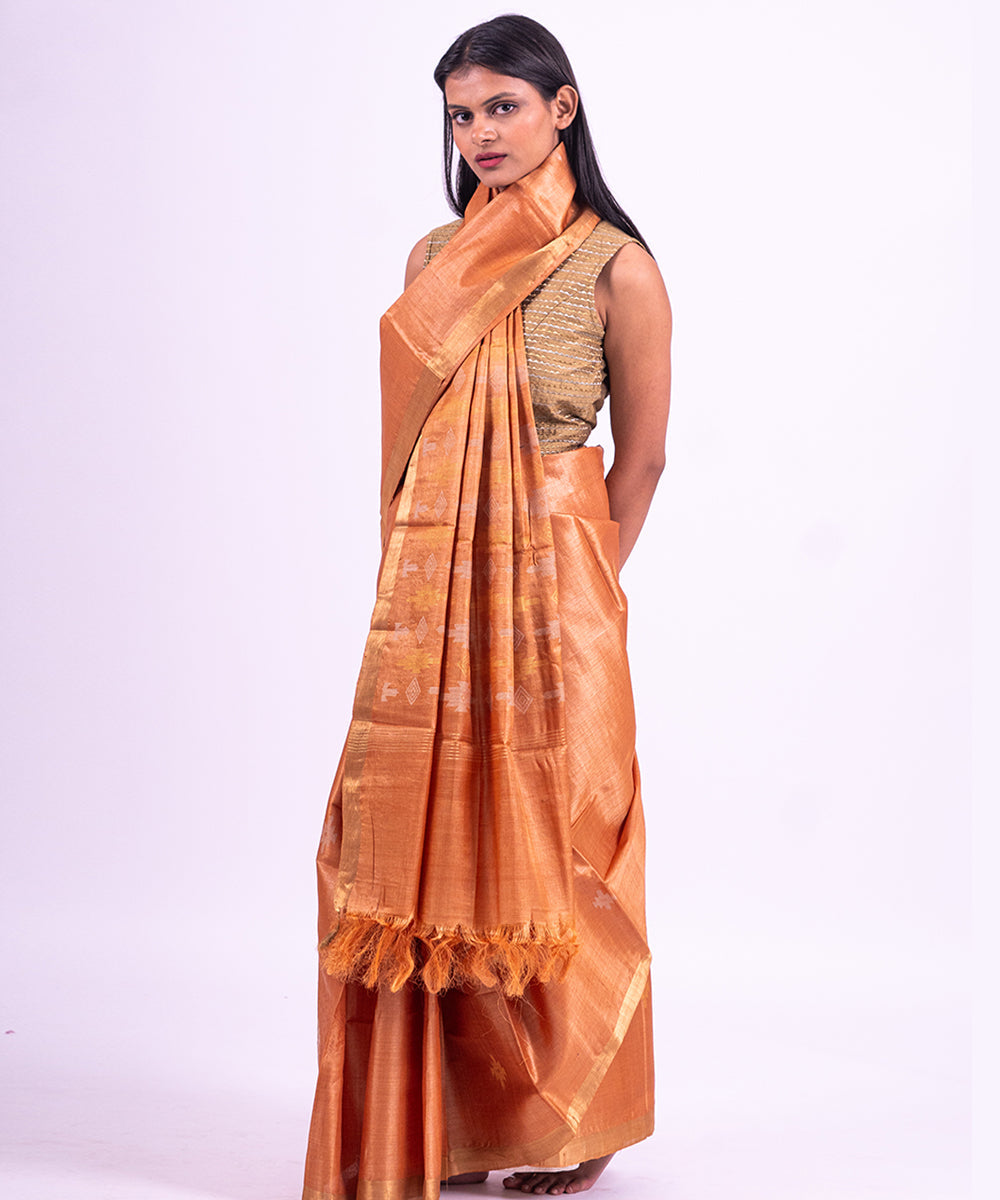 Peach handwoven tussar silk saree
