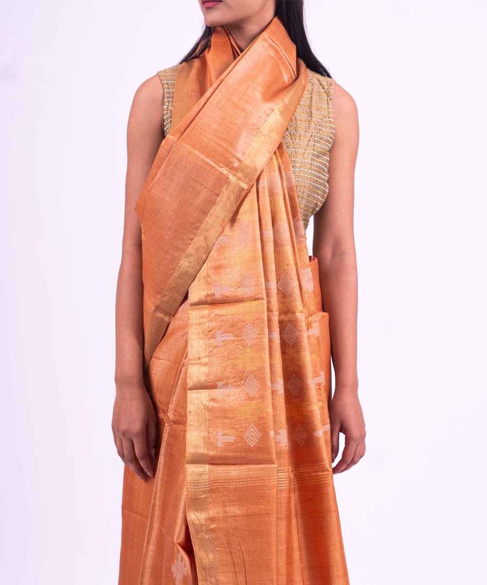 Peach handwoven tussar silk saree