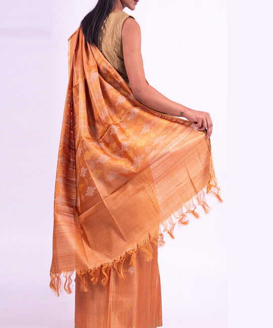 Peach handwoven tussar silk saree