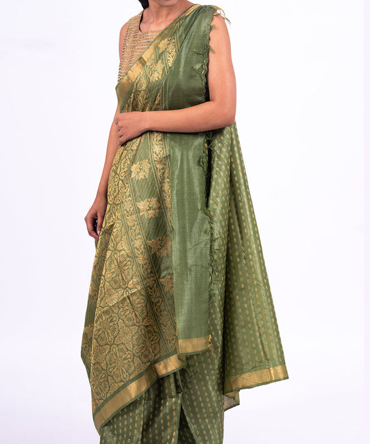 Green handwoven tussar silk saree