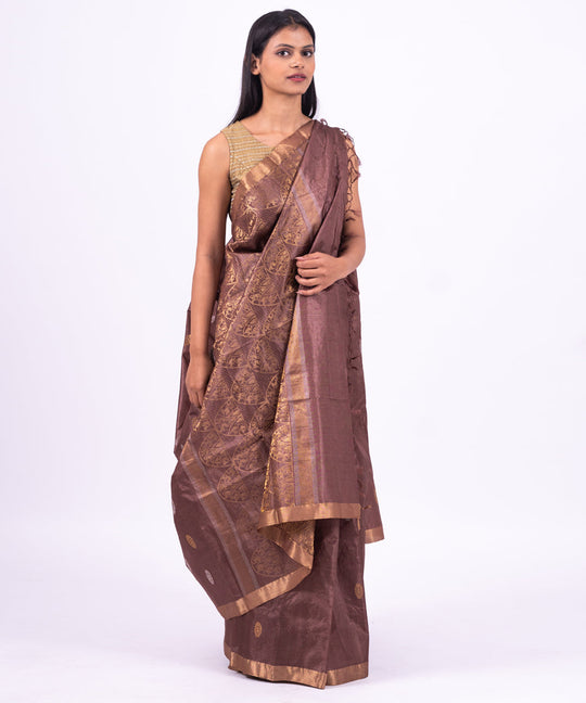 Brown handwoven tussar silk saree