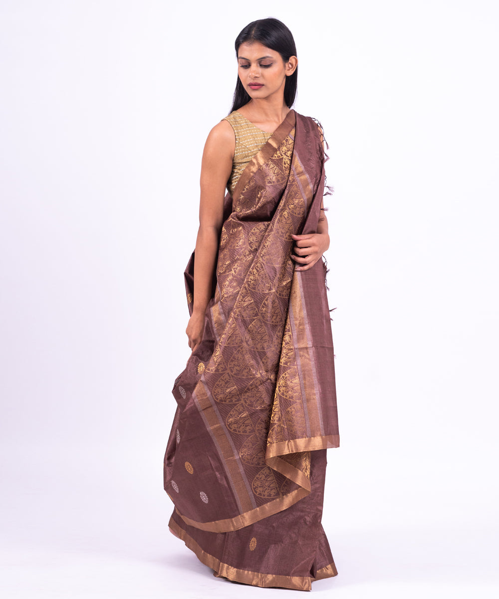 Brown handwoven tussar silk saree
