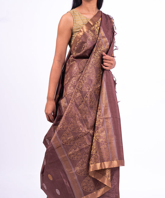 Brown handwoven tussar silk saree