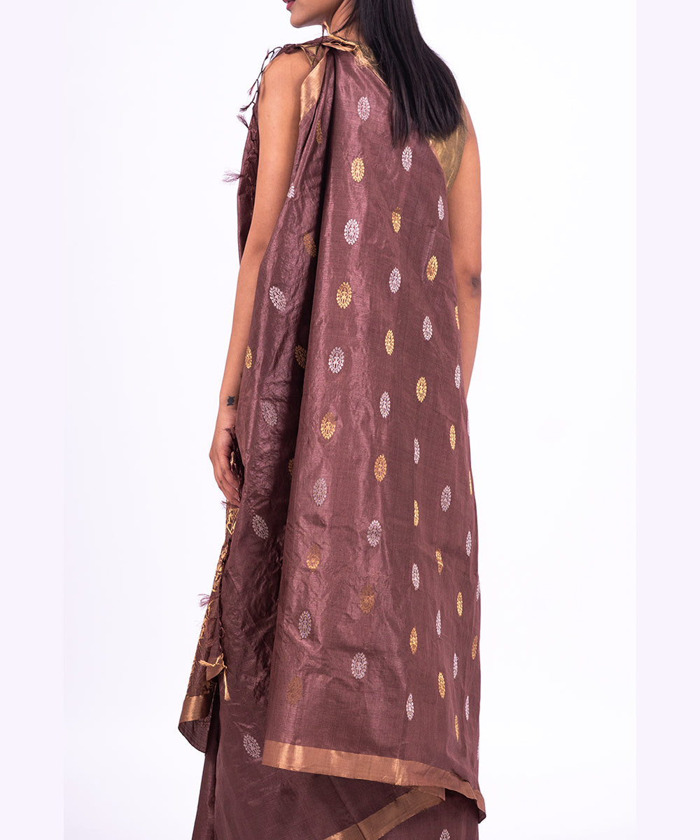 Brown handwoven tussar silk saree