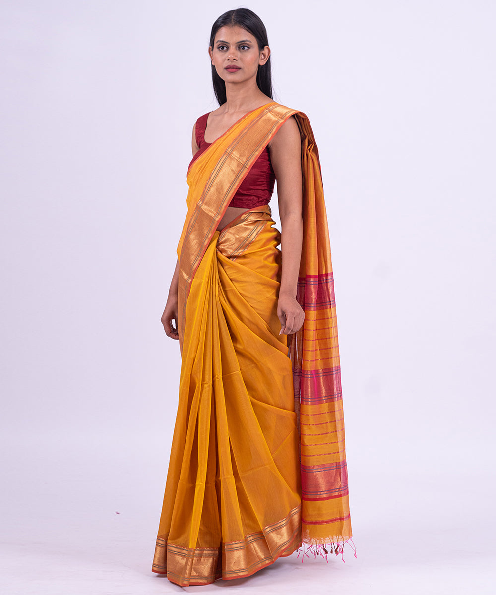 Yellow handwoven maheshwari cotton silk saree