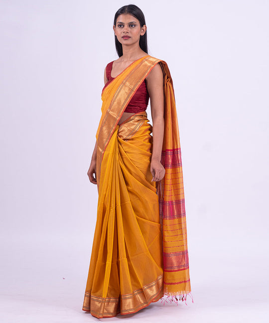 Yellow handwoven maheshwari cotton silk saree