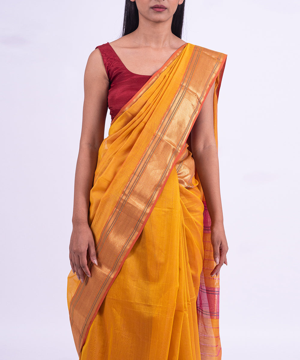 Yellow handwoven maheshwari cotton silk saree