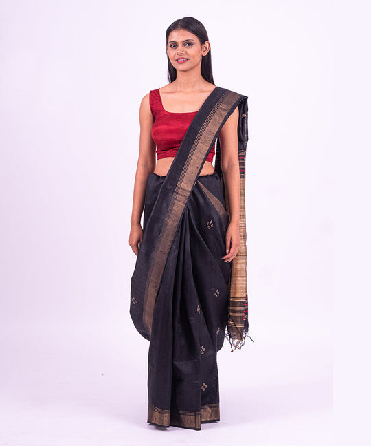 Black red handwoven tussar silk saree