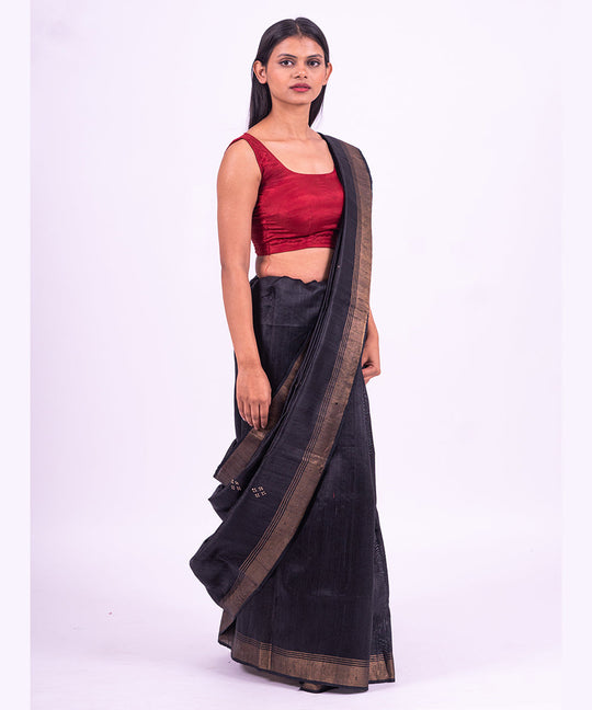 Black red handwoven tussar silk saree