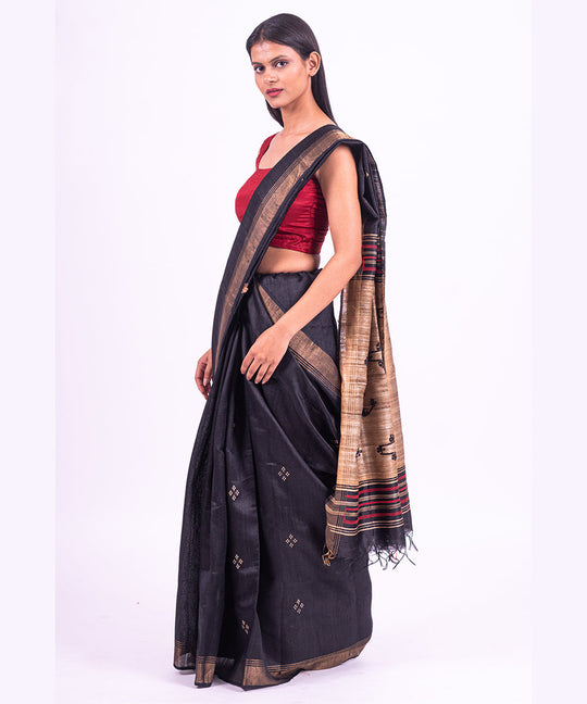 Black red handwoven tussar silk saree