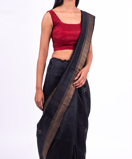 Black red handwoven tussar silk saree