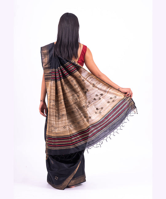Black red handwoven tussar silk saree