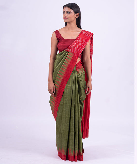 Green red handwoven tussar silk saree