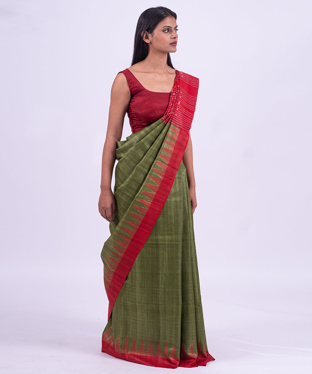 Green red handwoven tussar silk saree