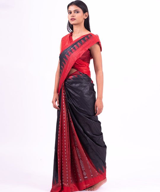 Black red handwoven tussar silk saree