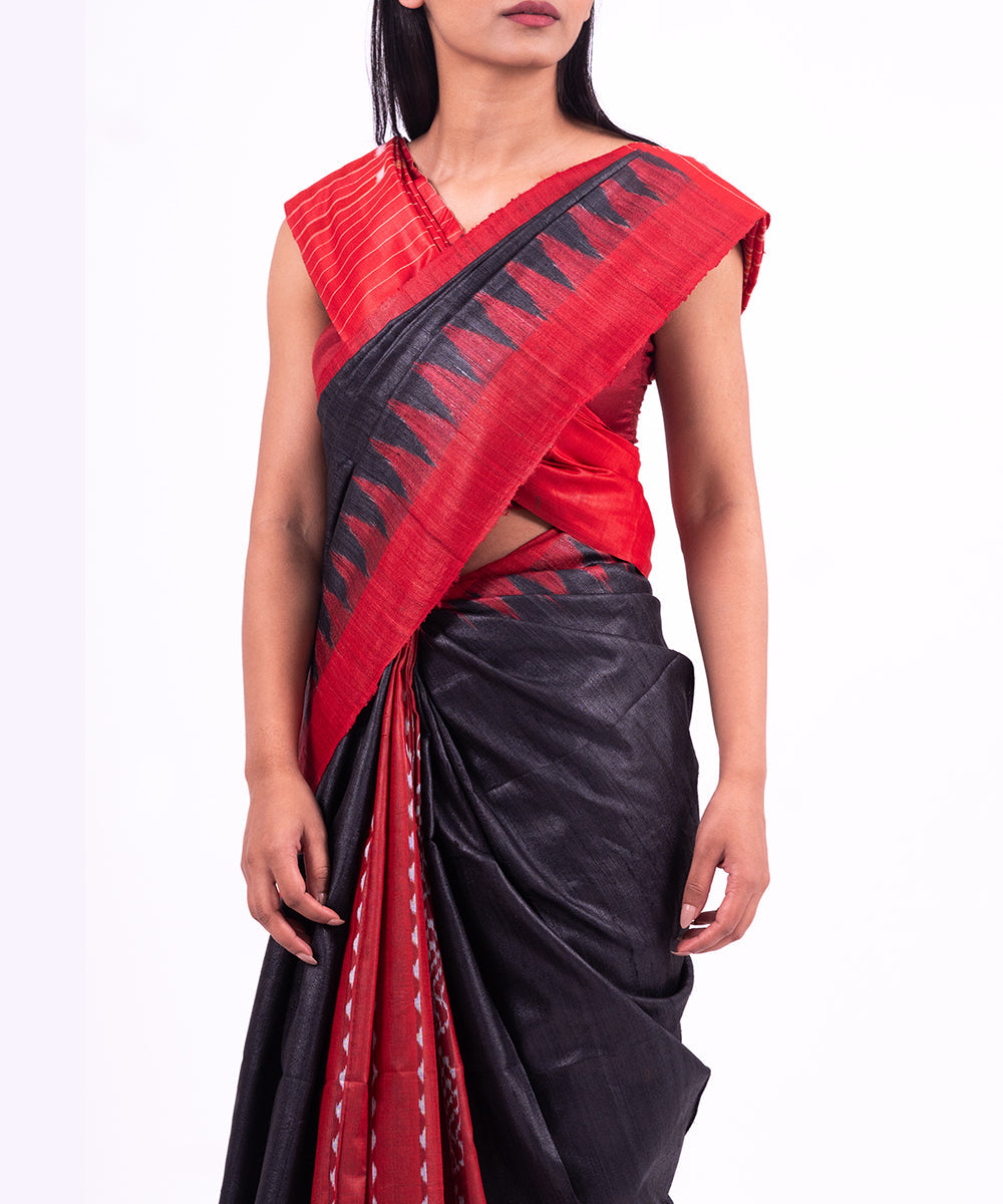 Black red handwoven tussar silk saree