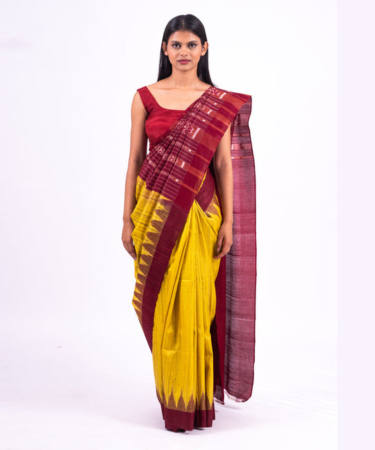 Yellow maroon handwoven tussar silk saree