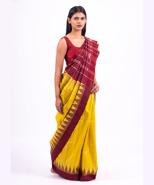 Yellow maroon handwoven tussar silk saree